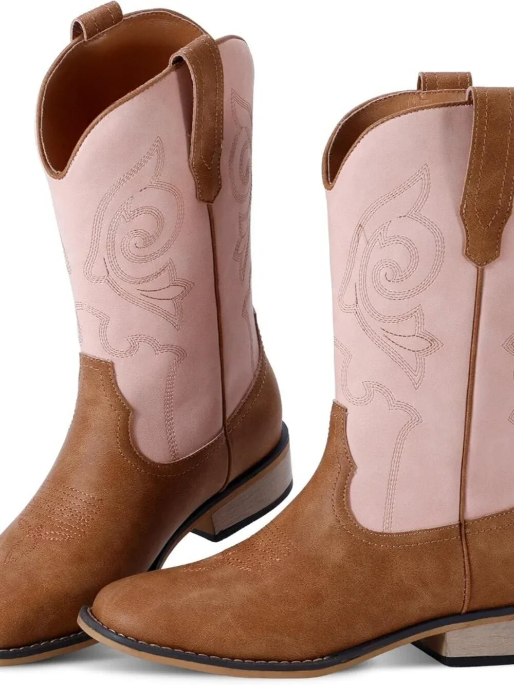 Girls Pink Embroidered Square Toe  Knee High Pointed Toe Chunky Shoes Boots